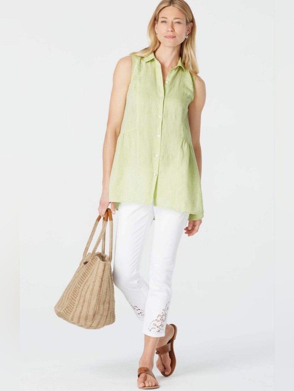 J.Jill Sleeveless Peplum Linen Button-Front Tunic Top in Margarita White S